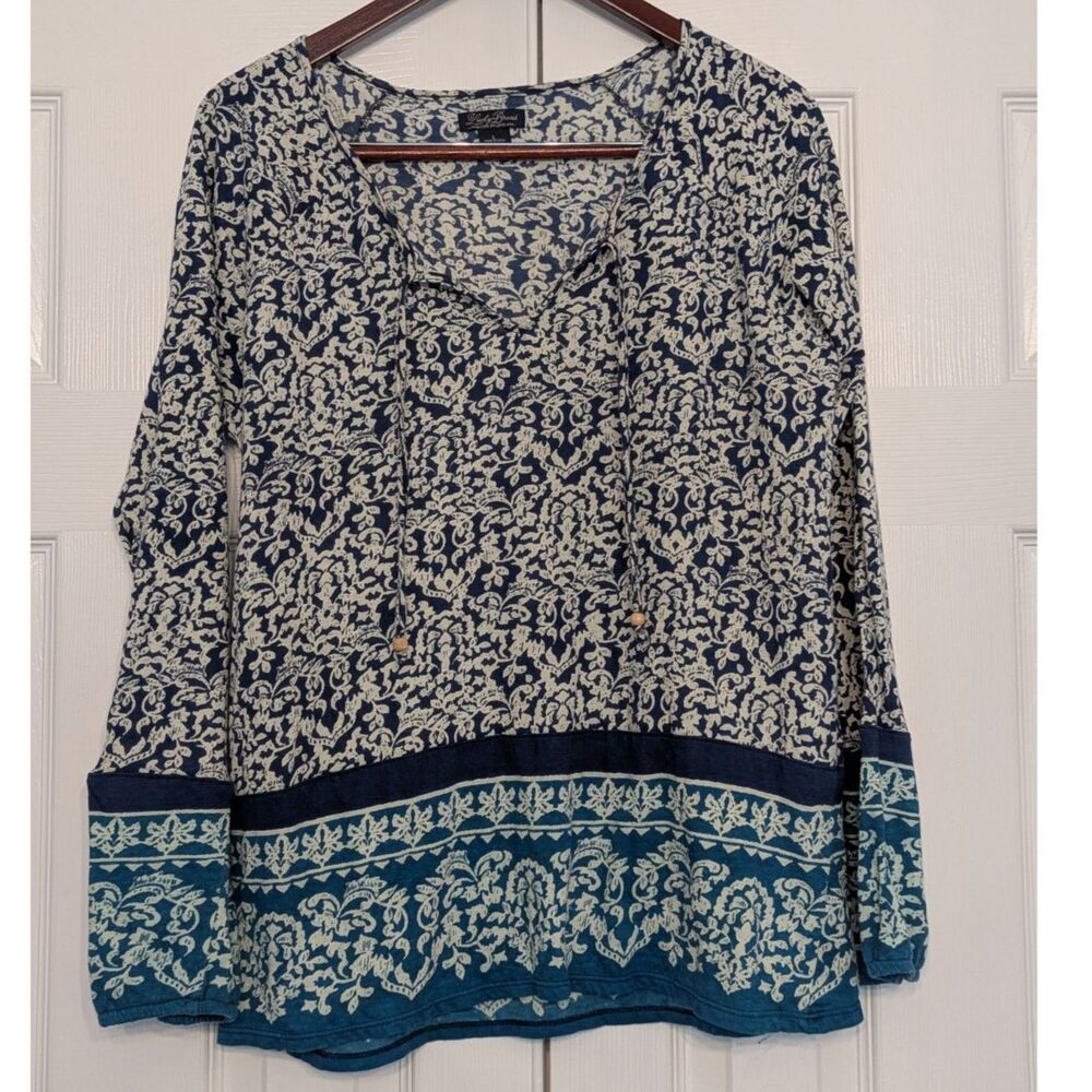 Lucky Brand Blue Teal Damask Border Print Peasant Top Tassel Neck Large Boho